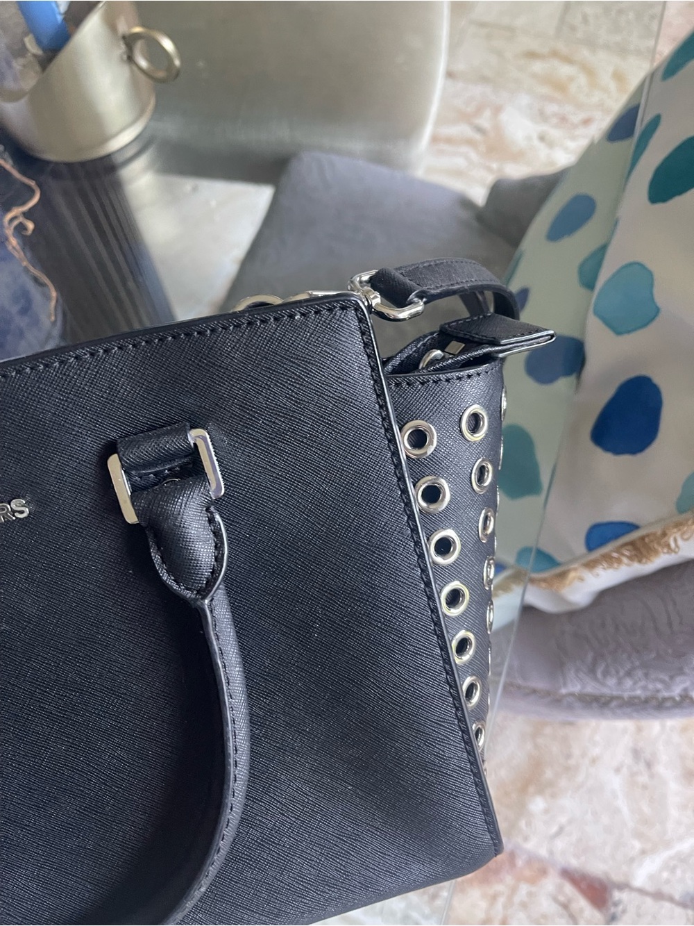 Michael Kors Black Leather Satchel with Silver Eyelet Trim - Picture 8 of 10
